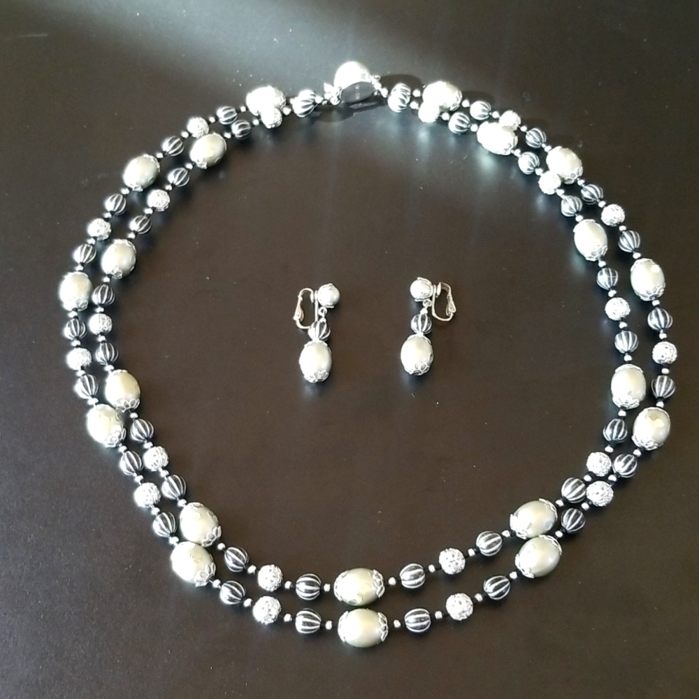 Vintage Silver Tone and Black Striped Bead Necklace and Earrings